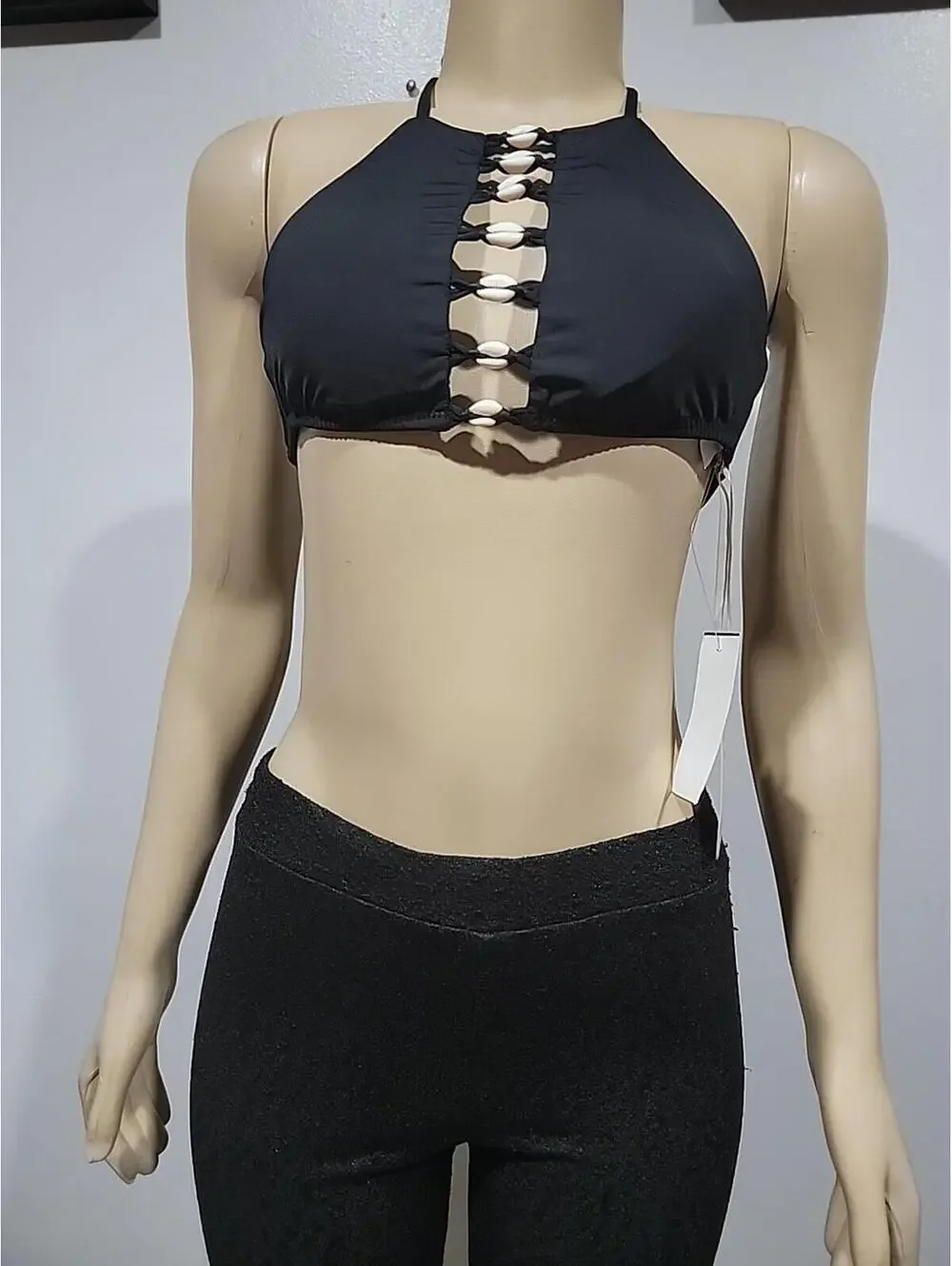 ale by Alessandra High Neck Bikini Top XS Black With Tassel Cowrie Shell NWT #C6 - Picture 7 of 9